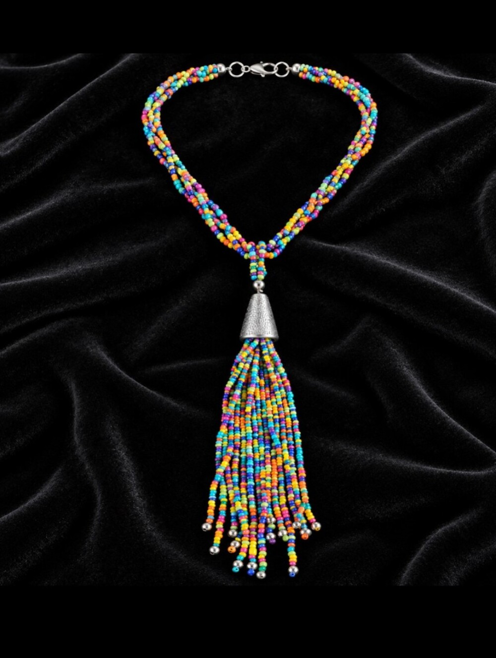 Multicolor Seed Bead Tassel Necklace 30” Long Boho Statement Pendant 7” Unmarked